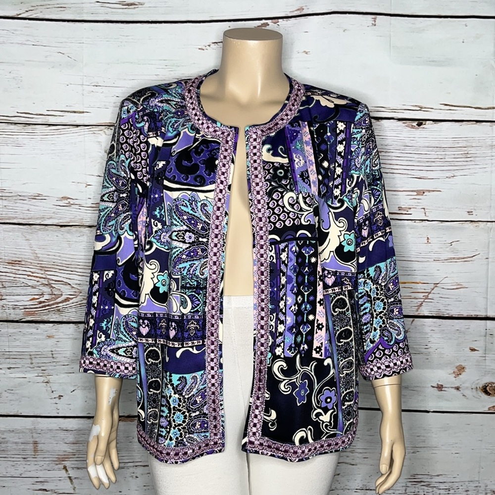 Joan Rivers Size 3X Purple Paisley Print Open Front Moroccan Flair Blazer Jacket